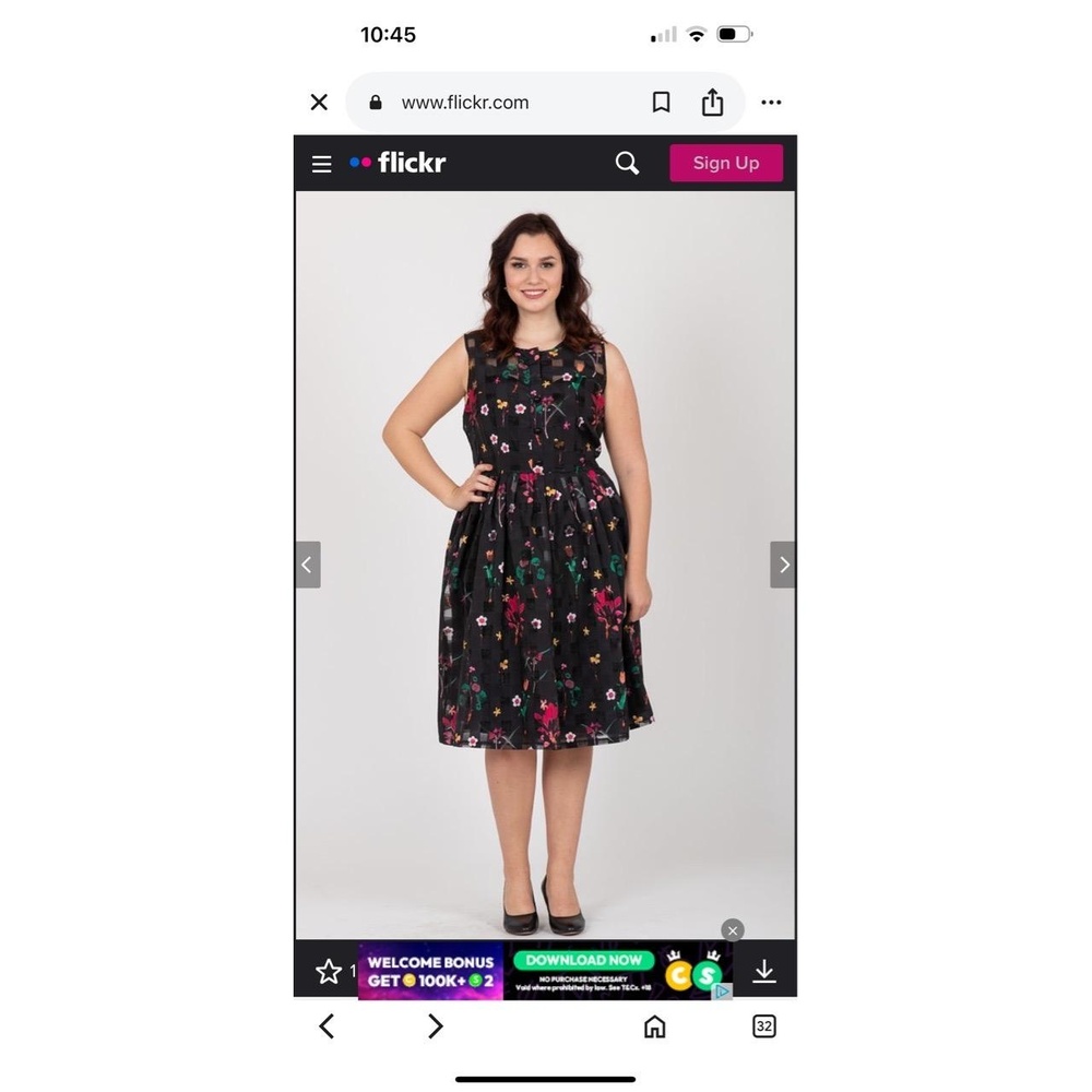Black Floral Print Pleated Skirt Button Front Sleeveless Dress Large - Picture 9 of 16